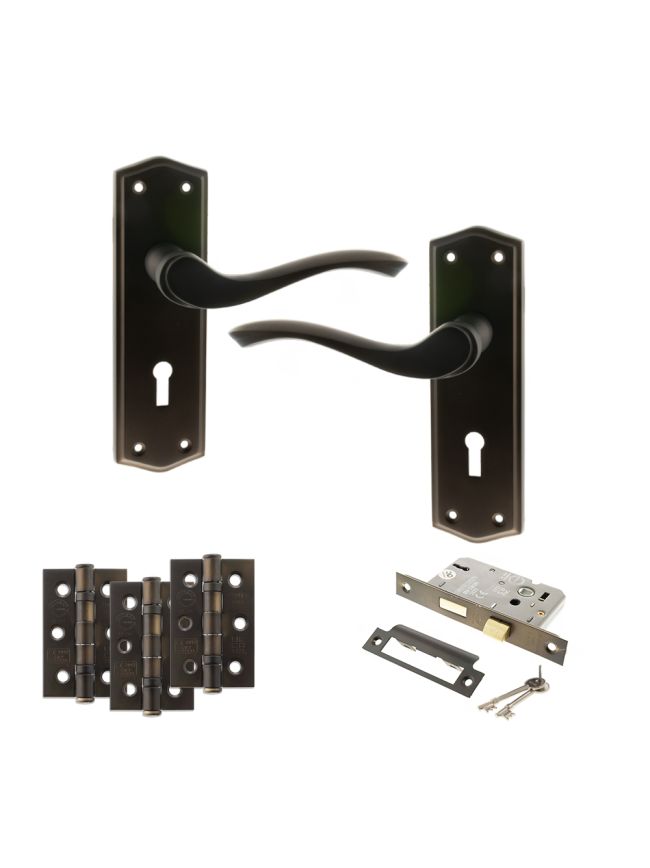 Old English Warwick Door Handle Pack (3 Lever Lock Set - 2.5" CE Sashlock, 3" Fire Rated Hinges x3) - Urban Dark Bronze