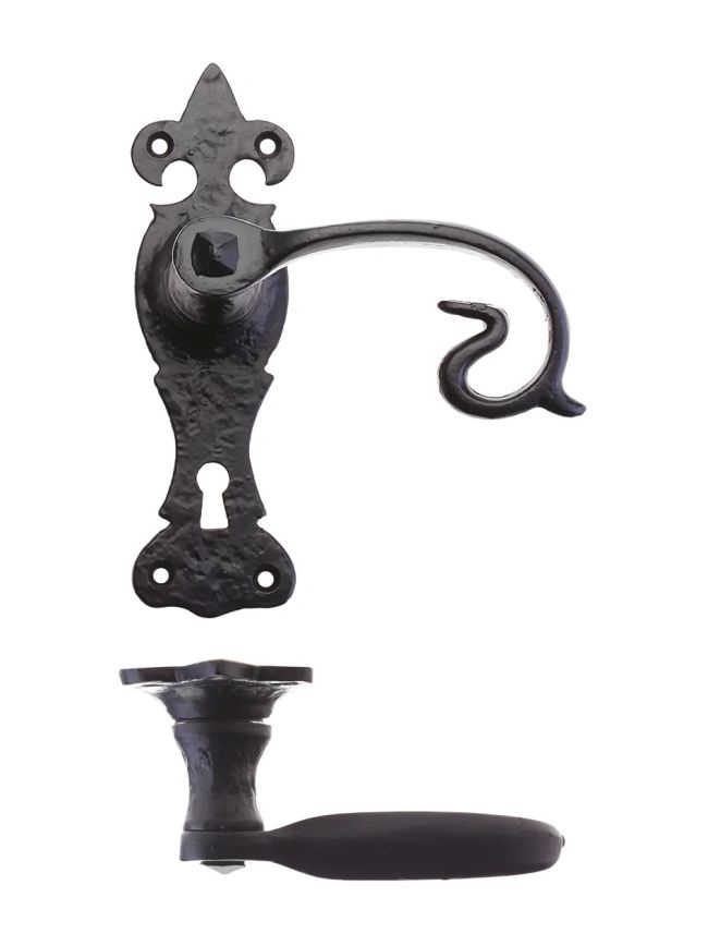 Zoo Hardware Scroll Lever on Fleur De Lys Backplate - 6" - Lock - Black