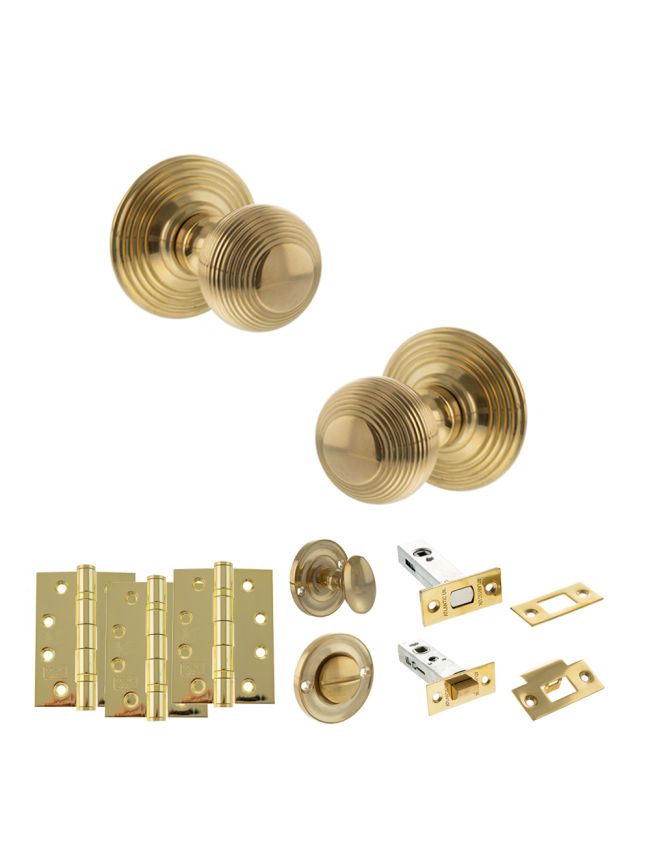 Old English Ripon Door Knob Pack (Bathroom Set - 4" Deadbolt, 4" Fire Rated Hinges x3) - Raw Brass