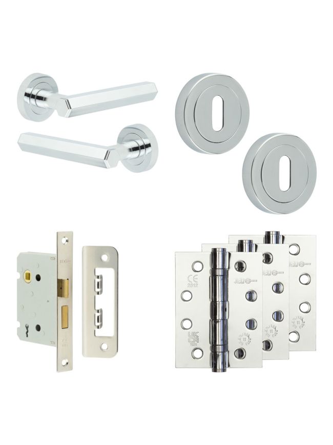 Complete Hex Door Handle Pack - Sashlock - Polished Chrome - 76mm / 4-inch Hinges - JE-C8A8-PC