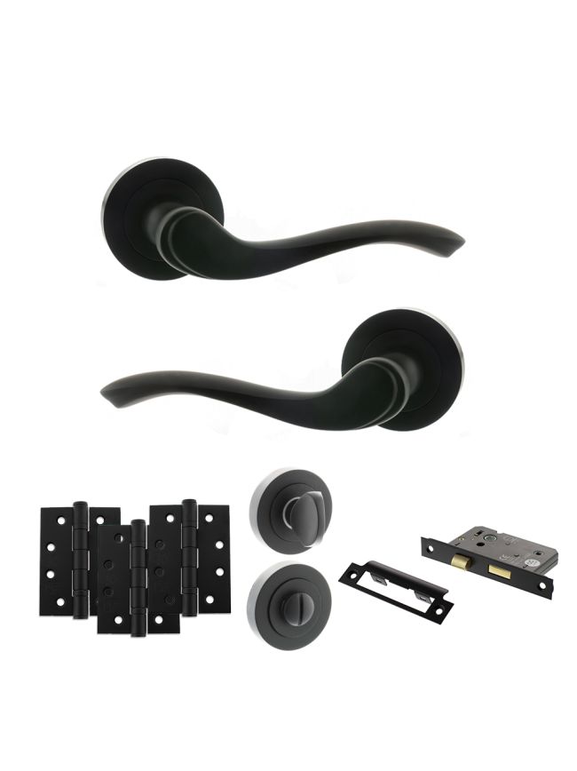 Old English Warwick Door Handle Pack (Bathroom Set - 2.5" CE Bathroom Lock, 4" Fire Rated Hinges x3) - Matt Black
