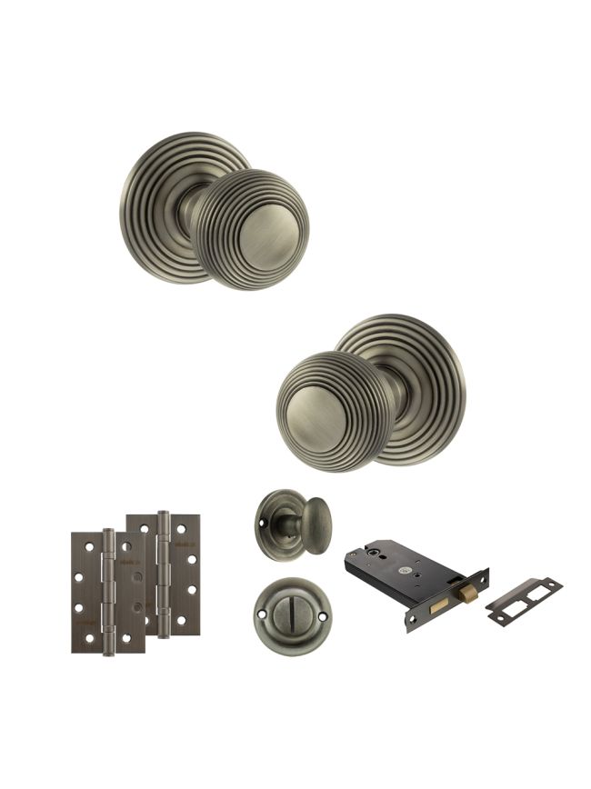 Old English Ripon Door Knob Pack (Lock Set - Horizontal Bathlock, 4" Slim Knuckle Hinges x2) - Matt Gun Metal