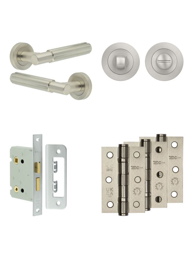 Complete Bloom Door Handle Pack - Bathroom Lock (Standard Thumb Turn) - Satin Nickel - 76mm / 3-inch Hinges - JE-B6B3-SN