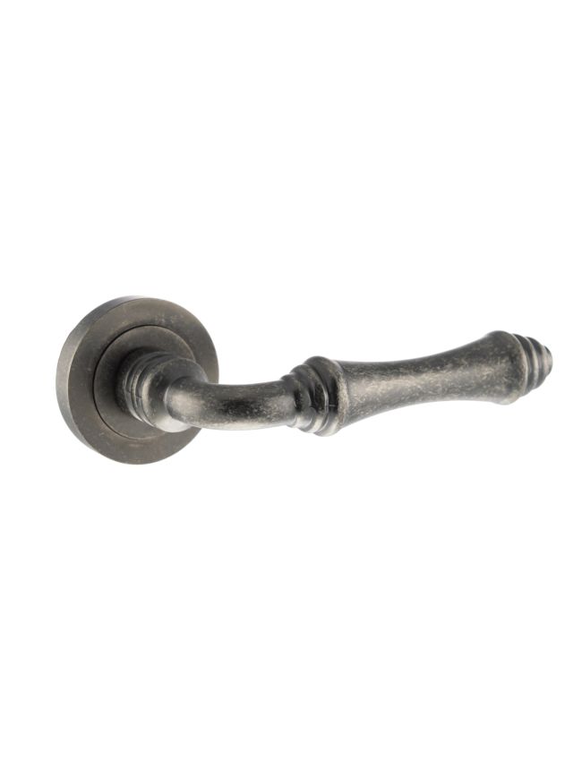 Old English Durham Lever Door Handle on Round Rose - Distressed Silver (Pair)