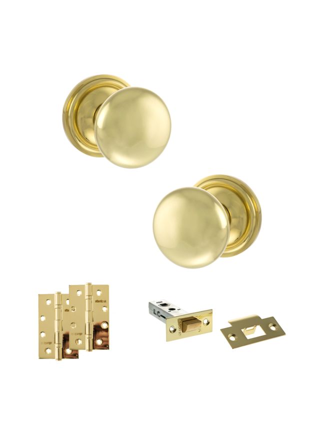 Old English Harrogate Door Knob Pack (Latch Set - 3" HD Latch, 4" Slim Knuckle Hinges x2) - Polished Brass
