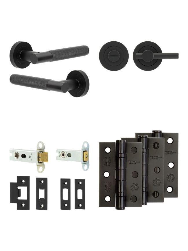 Complete Bari Door Handle Pack - Heavy Duty Tubular Bathroom (Plain Thumb Turn) - Matt Black - 76mm / 3-inch Hinges - JE-D31B2-MB