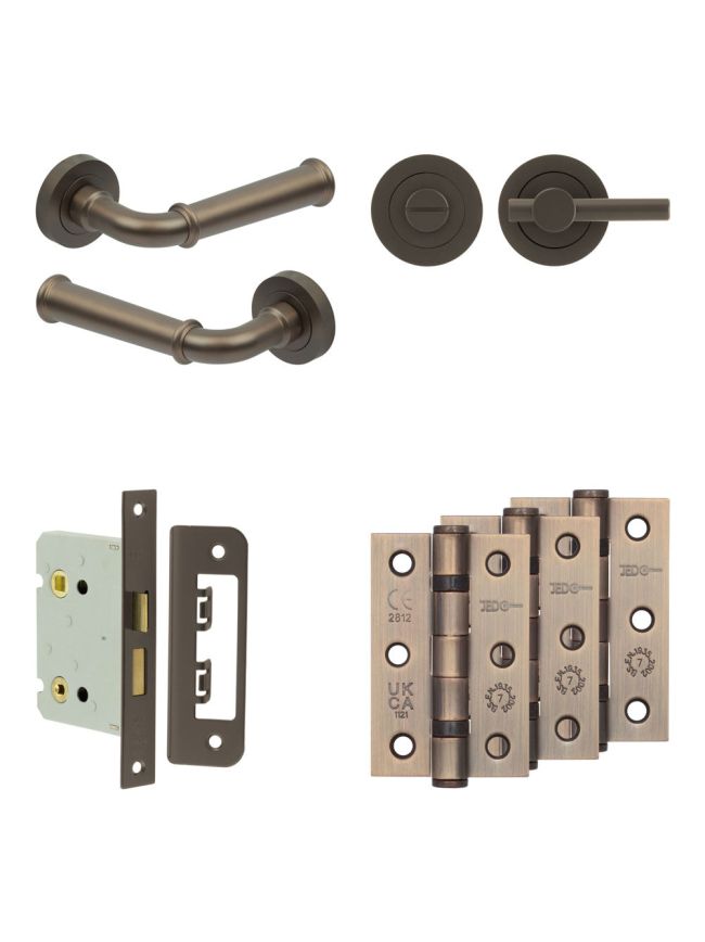 Complete Classic Door Handle Pack - Bathroom Lock (Plain Thumb Turn) - Dark Bronze - 76mm / 3-inch Hinges - JE-A6B2-DB