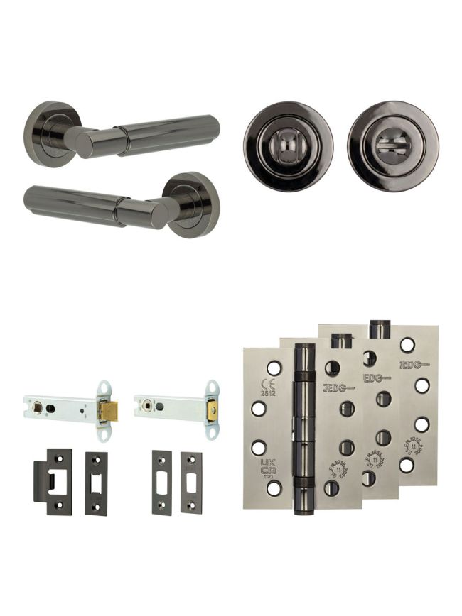 Complete Bloom Door Handle Pack - Heavy Duty Tubular Bathroom (Standard Thumb Turn) - Black Nickel - 102mm / 4-inch Hinges - JE-B32A3-BN