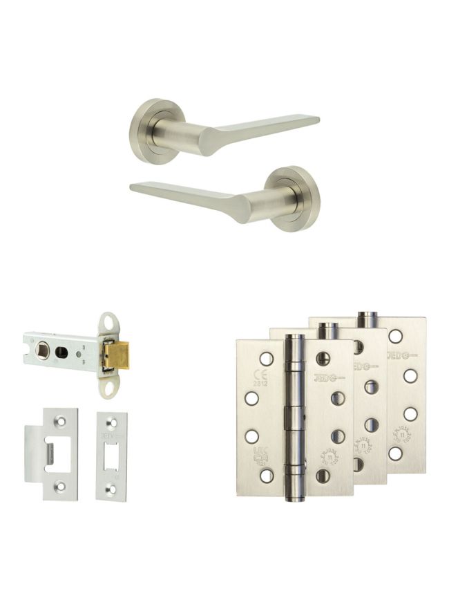 Complete Gio Door Handle Pack - Heavy Duty Latch - Satin Nickel - 76mm / 4-inch Hinges - JE-E21A-SN