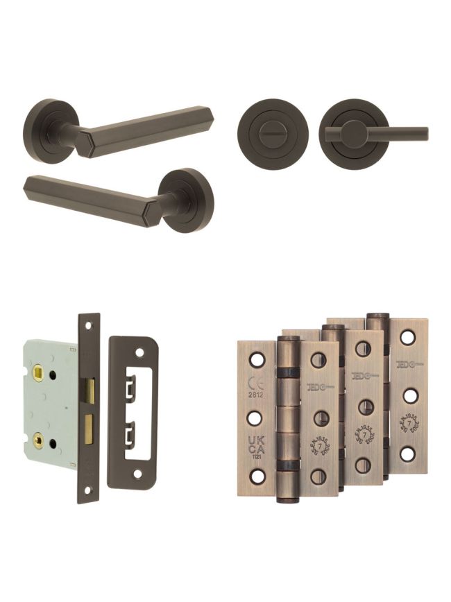 Complete Hex Door Handle Pack - Bathroom Lock (Plain Thumb Turn) - Dark Bronze - 76mm / 3-inch Hinges - JE-C6B2-DB