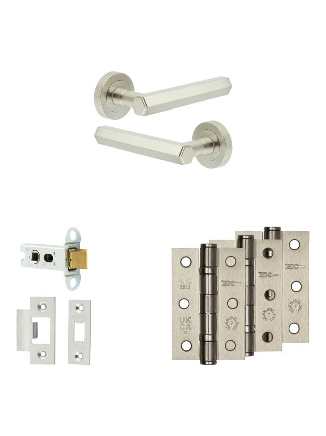 Complete Hex Door Handle Pack - Heavy Duty Latch - Satin Nickel - 64mm / 3-inch Hinges - JE-C20B-SN