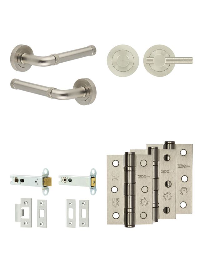 Complete Midtown Door Handle Pack - Heavy Duty Tubular Bathroom (Knurled Thumb Turn) - Satin Nickel - 102mm / 3-inch Hinges - JE-G32B1-SN
