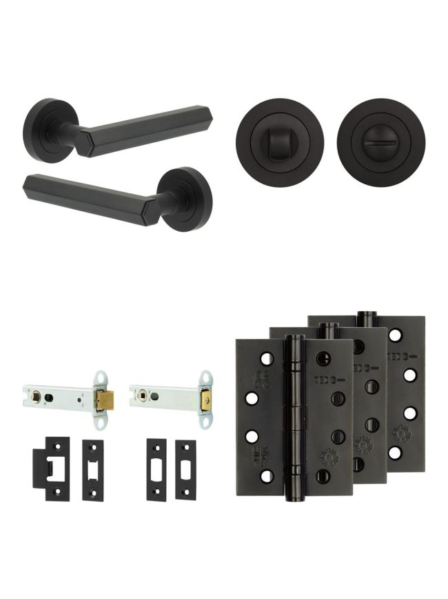 Complete Hex Door Handle Pack - Heavy Duty Tubular Bathroom (Standard Thumb Turn) - Matt Black - 102mm / 4-inch Hinges - JE-C32A3-MB