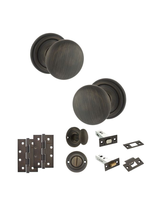 Old English Harrogate Door Knob Pack (Bathroom Set - 4" Deadbolt, 4" Slim Knuckle Hinges x2) - Urban Bronze