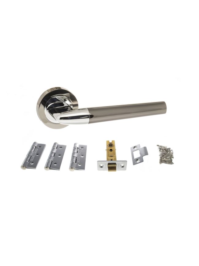 STATUS Tennessee Door Handle Pack (Latch Set - 3" CE Latch, 3" Fire Rated Hinges x3) - Black Nickel/Polished Chrome