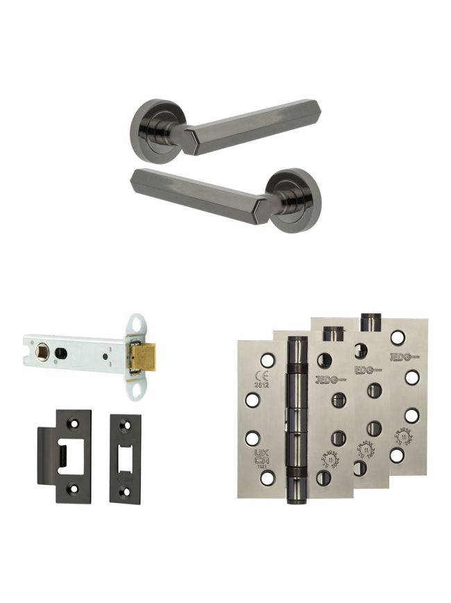 Complete Hex Door Handle Pack - Heavy Duty Latch - Black Nickel - 102mm / 4-inch Hinges - JE-C22A-BN