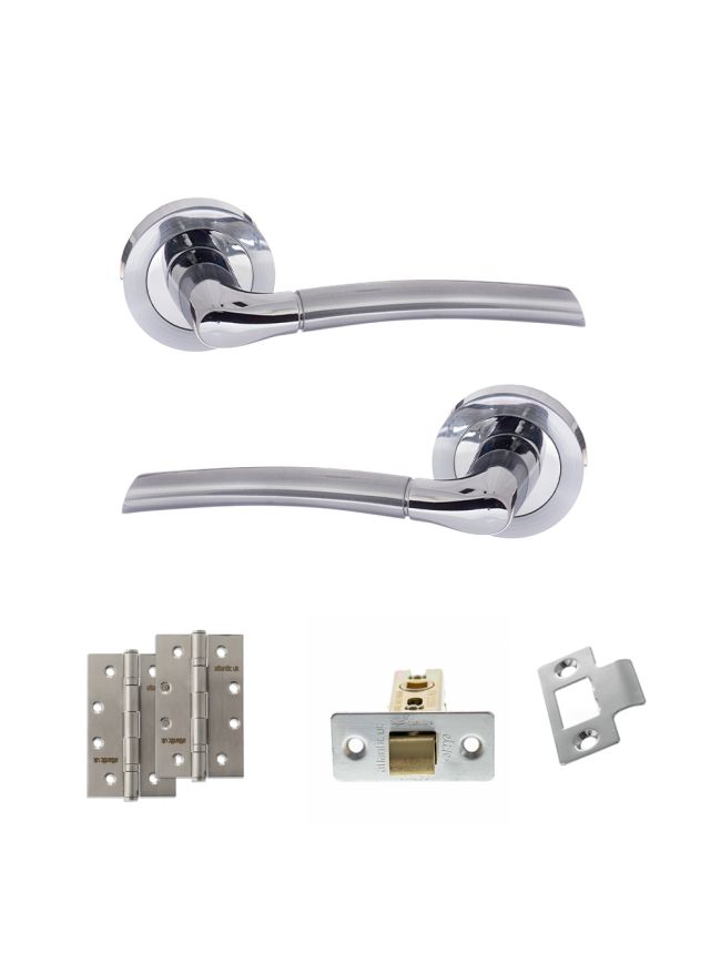 STATUS Indiana Door Handle Pack (Latch Set - 3" CE Latch, 4" Slim Knuckle Hinges x2) - Satin Chrome/Polished Chrome