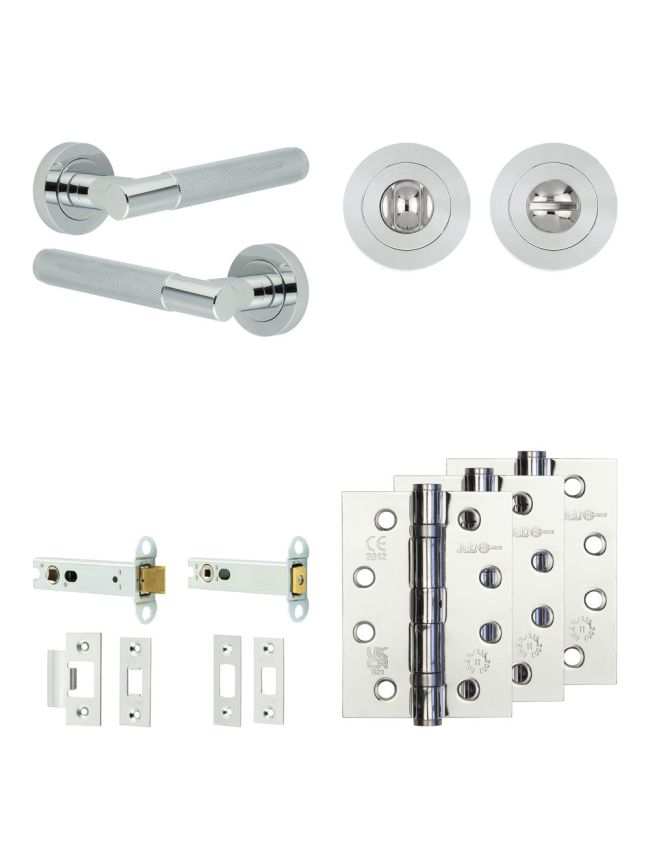 Complete Bari Door Handle Pack - Heavy Duty Tubular Bathroom (Standard Thumb Turn) - Polished Chrome - 102mm / 4-inch Hinges - JE-D32A3-PC
