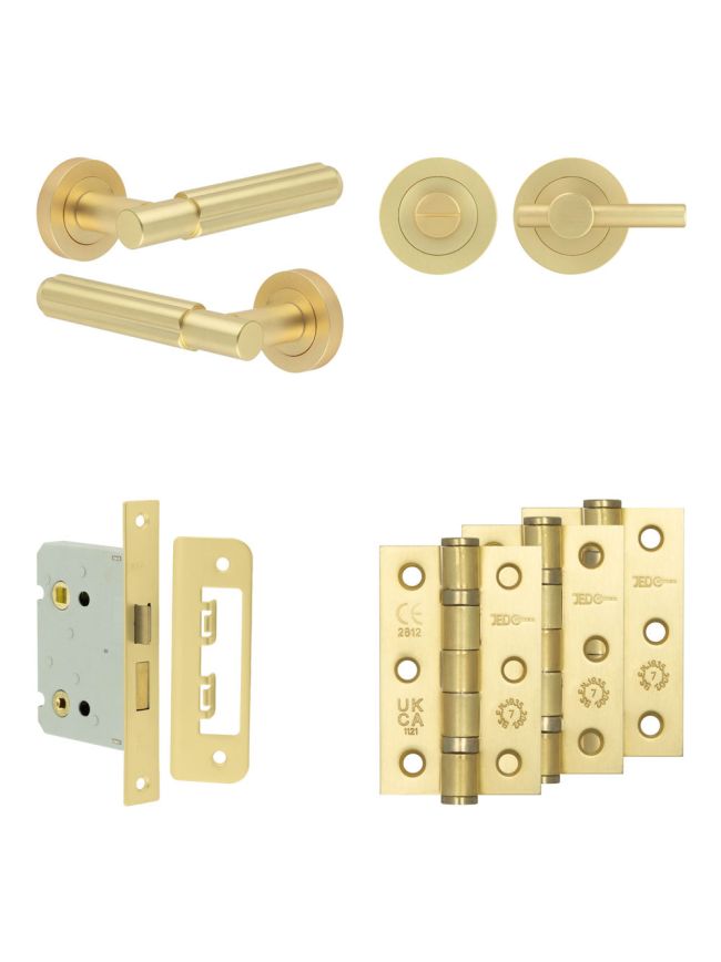 Complete Bloom Door Handle Pack - Bathroom Lock (Plain Thumb Turn) - Satin Brass - 76mm / 3-inch Hinges - JE-B6B2-SB