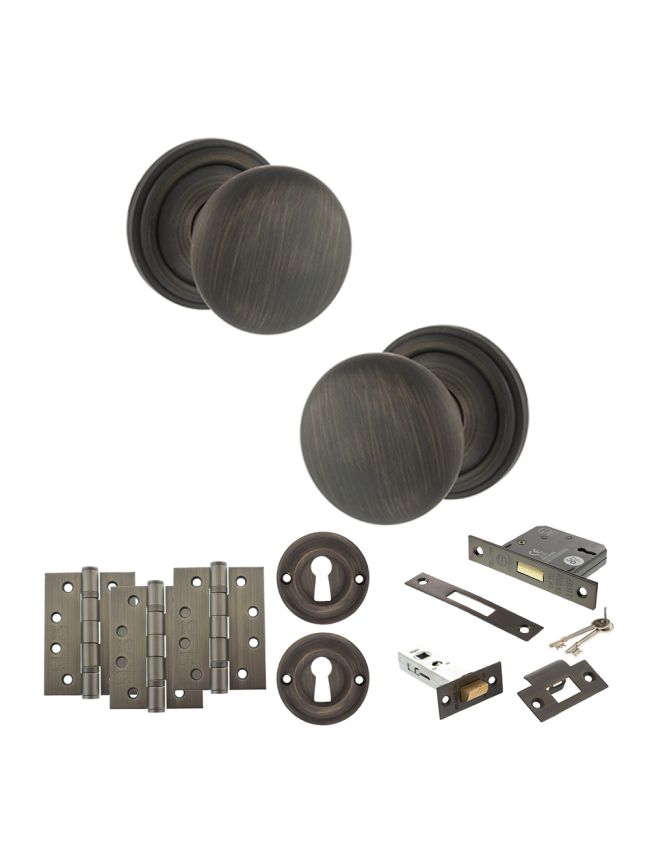 Old English Harrogate Door Knob Pack (Lock Set - 3" Latch & Deadlock, 4" Fire Rated Hinges x3) - Urban Bronze