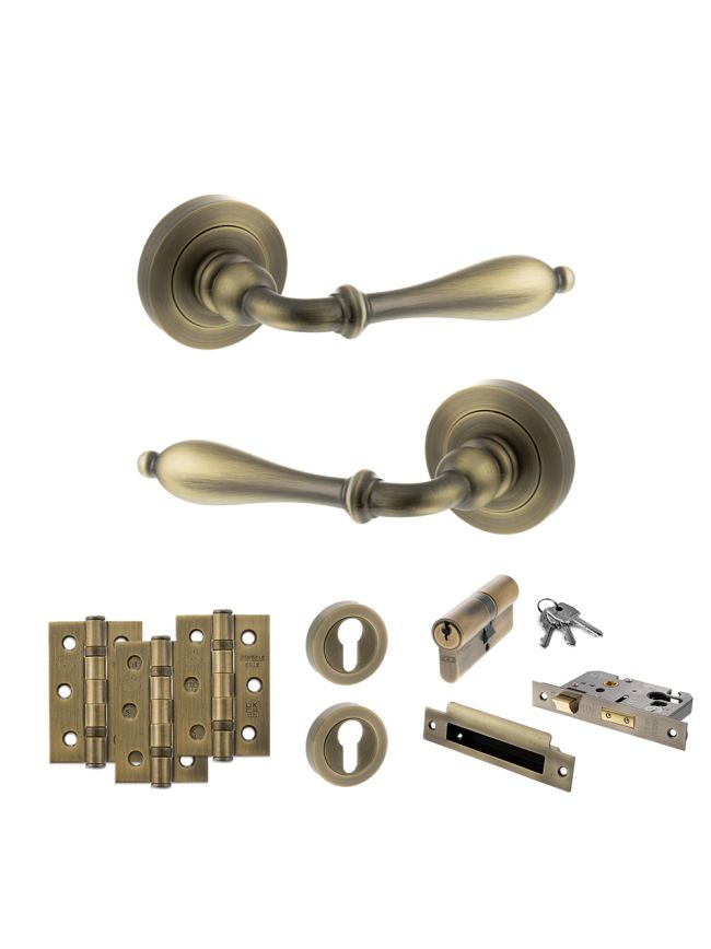 Old English Wrexham Door Handle Pack (Euro Lock Set - 3" CE Sashlock, 3" Fire Rated Hinges x3) - Matt Antique Brass