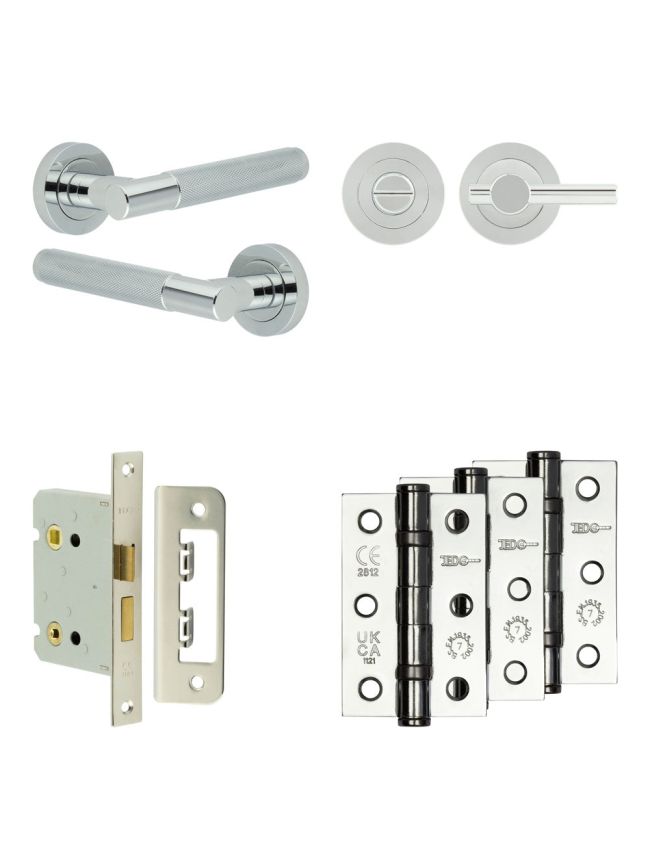 Complete Bari Door Handle Pack - Bathroom Lock (Plain Thumb Turn) - Polished Chrome - 76mm / 3-inch Hinges - JE-D6B2-PC