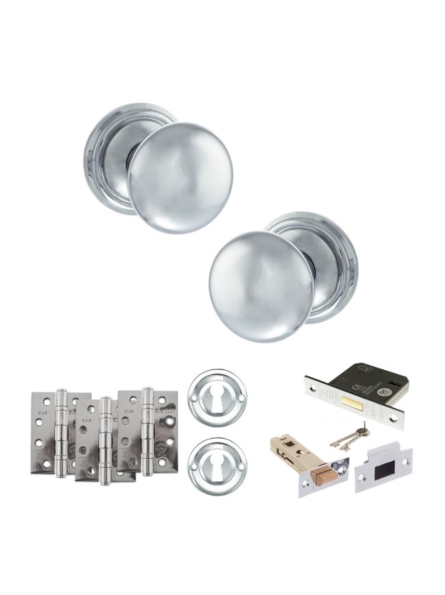 Old English Harrogate Door Knob Pack (Lock Set - 3" Latch & Deadlock, 4" Fire Rated Hinges x3) - Polished Chrome