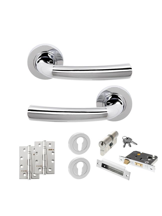 STATUS Nevada Door Handle Pack (Euro Lock Set - 2.5" CE Sashlock, 4" Slim Knuckle Hinges x2) - Polished Chrome