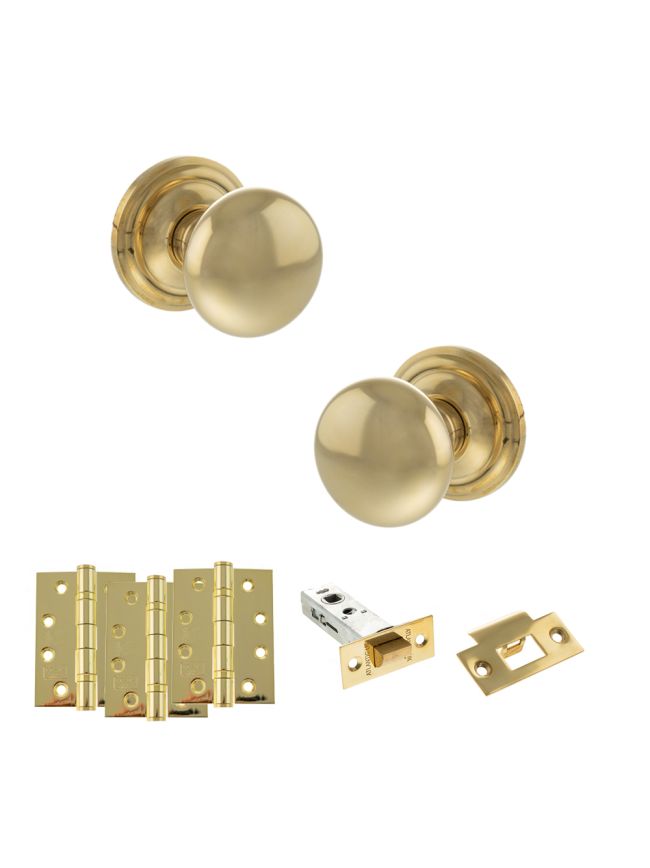 Old English Harrogate Door Knob Pack (Latch Set - 4" HD Latch, 4" Fire Rated Hinges x3) - Raw Brass