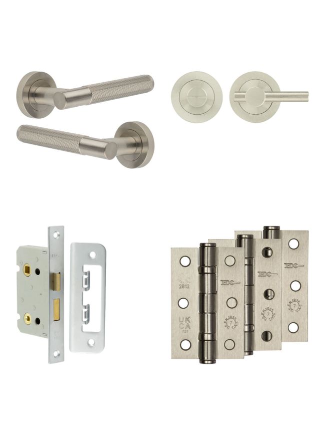 Complete Bari Door Handle Pack - Bathroom Lock (Knurled Thumb Turn) - Satin Nickel - 65mm / 3-inch Hinges - JE-D5B1-SN