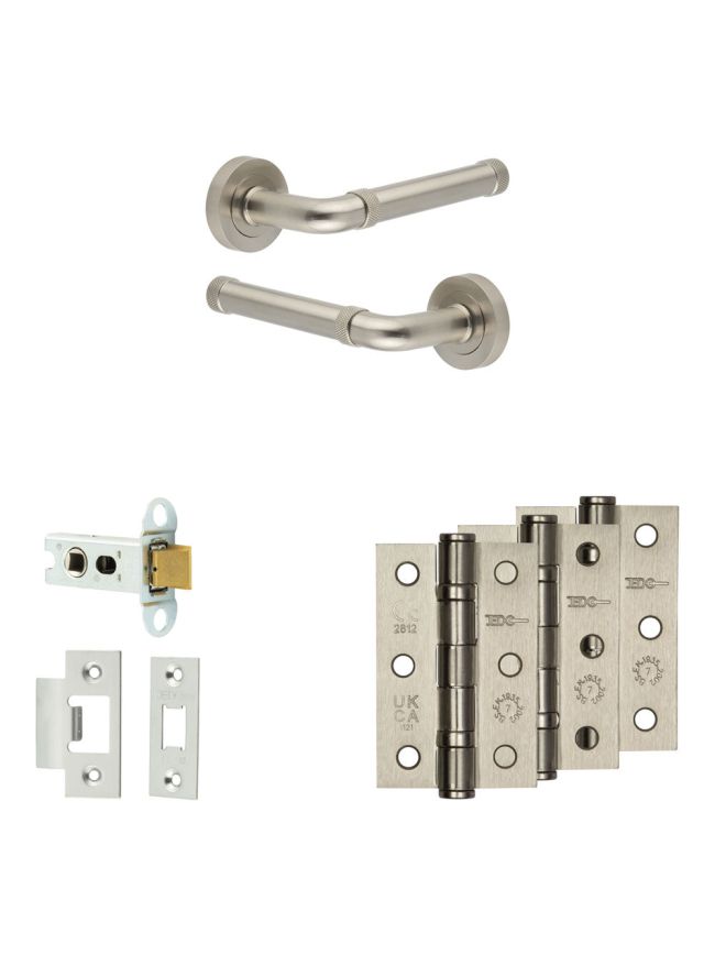Complete Midtown Door Handle Pack - Heavy Duty Latch - Satin Nickel - 64mm / 3-inch Hinges - JE-G20B-SN