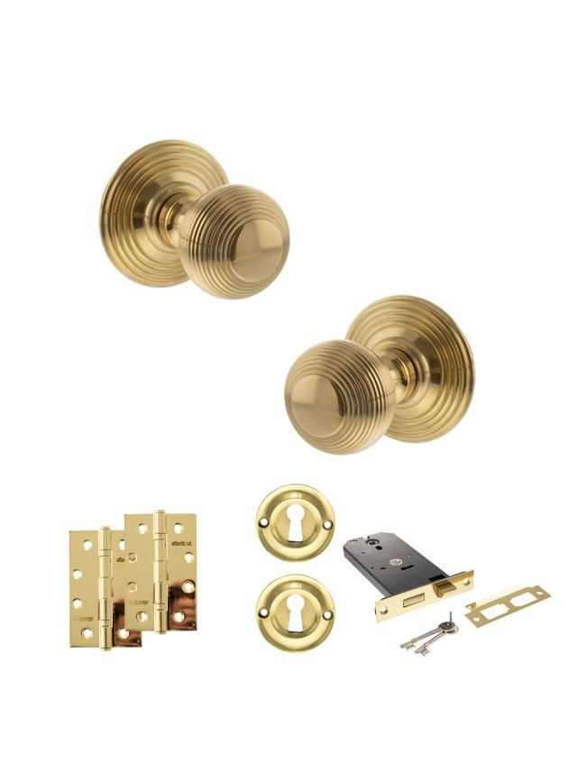 Old English Ripon Door Knob Pack (Lock Set - Horizontal Sashlock, 4" Slim Knuckle Hinges x2) - Raw Brass