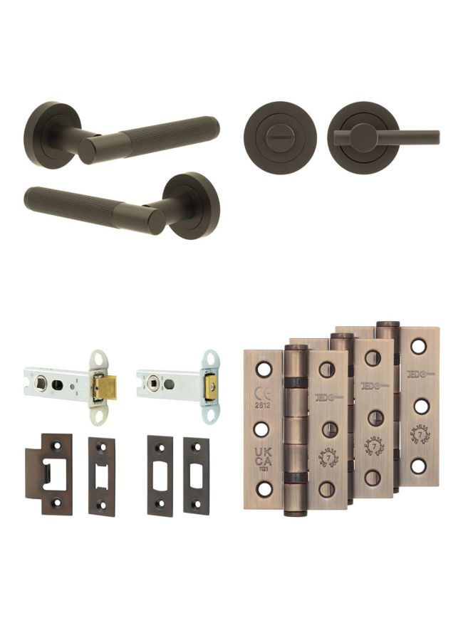 Complete Venice Door Handle Pack - Heavy Duty Tubular Bathroom (Plain Thumb Turn) - Dark Bronze - 76mm / 3-inch Hinges - JE-F31B2-DB