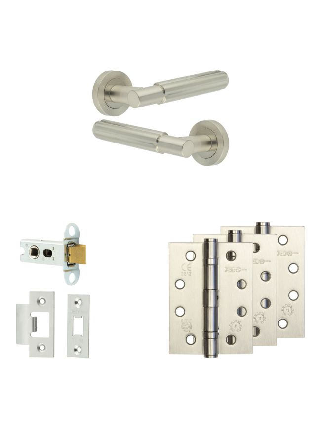 Complete Bloom Door Handle Pack - Heavy Duty Latch - Satin Nickel - 64mm / 4-inch Hinges - JE-B20A-SN