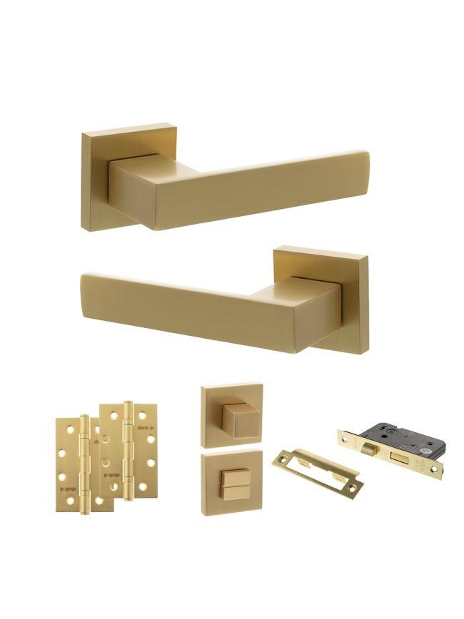 Senza Pari Panetti Door Handle Pack (Bathroom Set - 3" CE Bathroom Lock, 4" Slim Knuckle Hinges x2) - Satin Brass