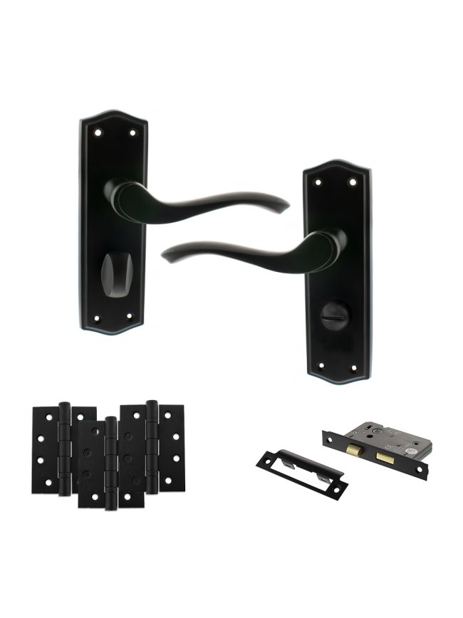 Old English Warwick Door Handle Pack (Bathroom Set - 2.5" CE Bathroom Lock, 4" Fire Rated Hinges x3) - Matt Black