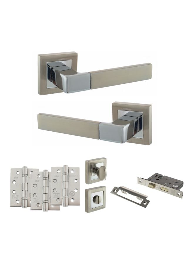 STATUS Montana Door Handle Pack (Bathroom Set - 3" CE Bathroom Lock, 4" Fire Rated Hinges x3) - Satin Nickel/Polished Chrome
