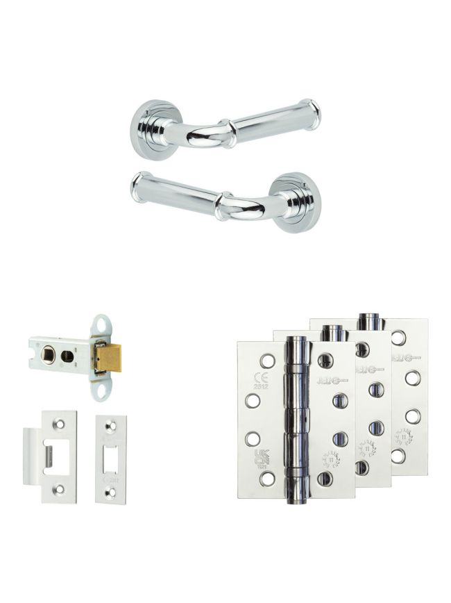 Complete Classic Door Handle Pack - Heavy Duty Latch - Polished Chrome - 64mm / 4-inch Hinges - JE-A20A-PC