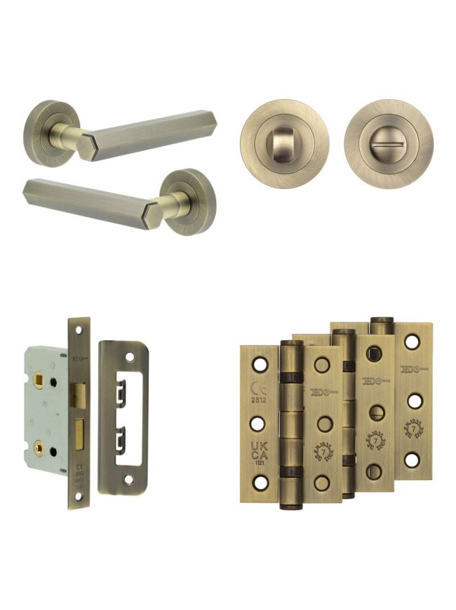 Complete Hex Door Handle Pack - Internal Doors - Antique Brass - By Frelan Hardware - JE-C5B3-AB