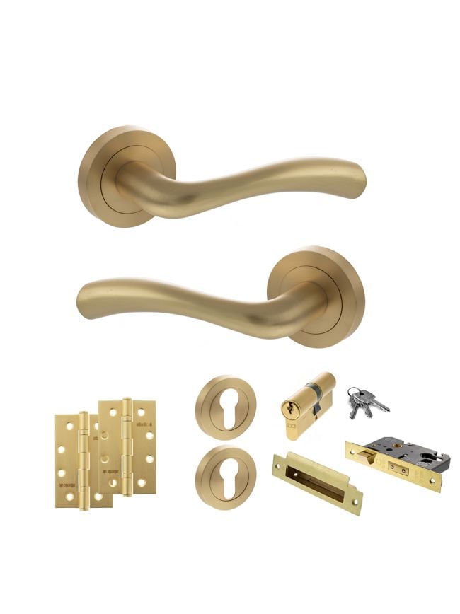 STATUS Texas Door Handle Pack (Euro Lock Set - 3" CE Sashlock, 4" Slim Knuckle Hinges x2) - Satin Brass