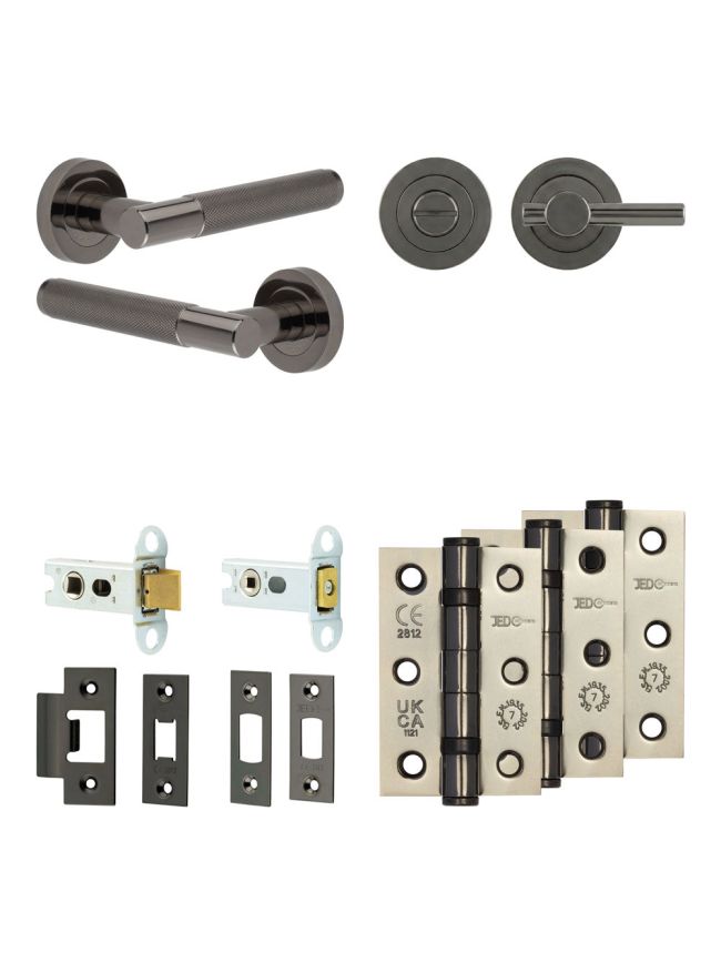Complete Bari Door Handle Pack - Heavy Duty Tubular Bathroom (Plain Thumb Turn) - Black Nickel - 64mm / 3-inch Hinges - JE-D30B2-BN