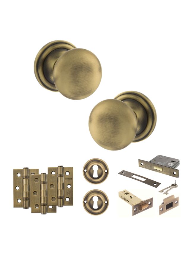 Old English Harrogate Door Knob Pack (Lock Set - 3" Latch & Deadlock, 3" Fire Rated Hinges x3) - Matt Antique Brass