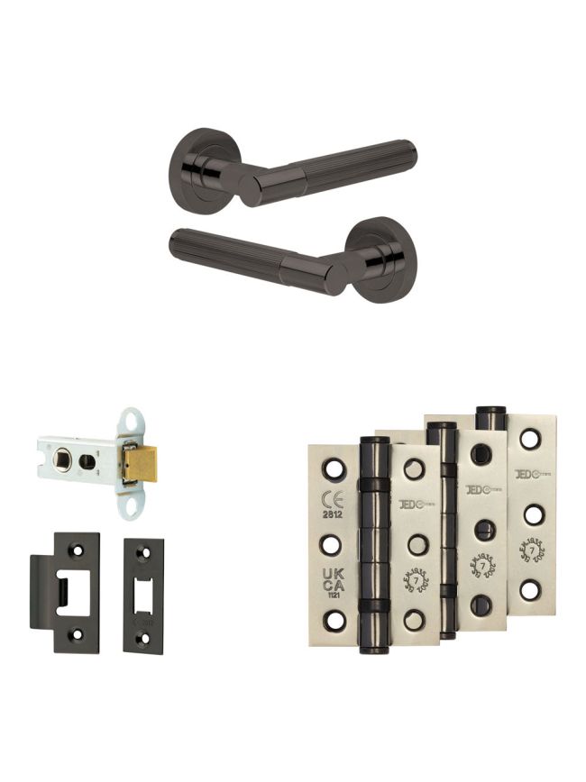 Complete Venice Door Handle Pack - Heavy Duty Latch - Black Nickel - 64mm / 3-inch Hinges - JE-F20B-BN