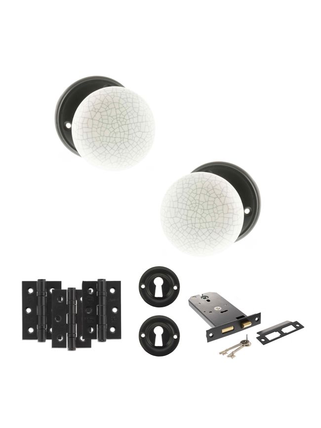 Old English Skipton Door Knob Pack (Lock Set - Horizontal Sashlock, 3" Fire Rated Hinges x3) - Matt Black
