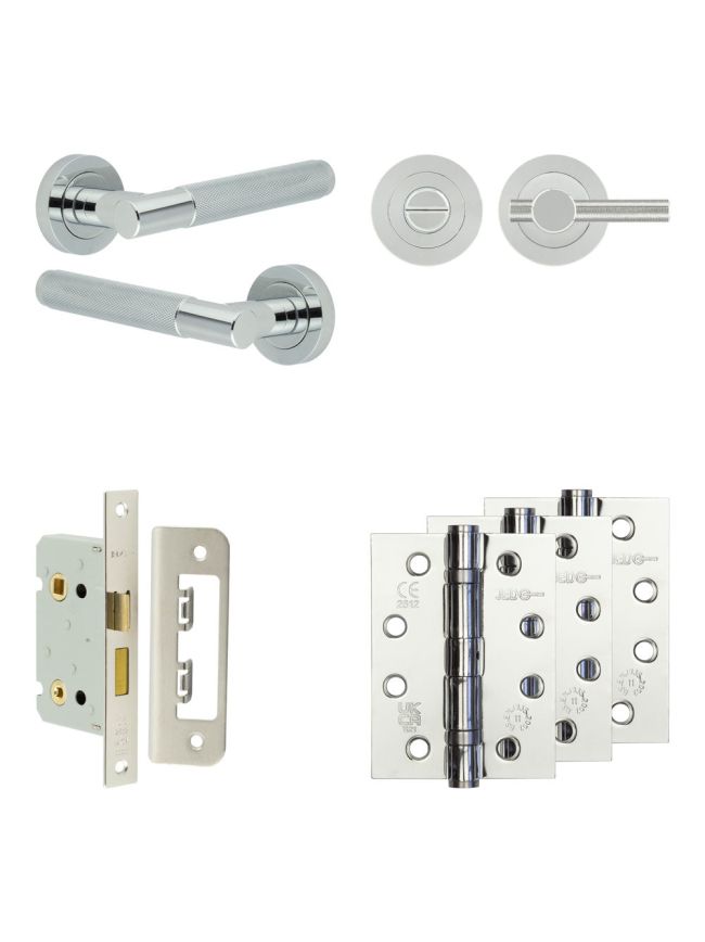 Complete Bari Door Handle Pack - Bathroom Lock (Knurled Thumb Turn) - Polished Chrome - 65mm / 4-inch Hinges - JE-D5A1-PC