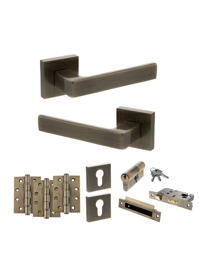 STATUS Montana Door Handle Pack (Euro Lock Set - 3" CE Sashlock, 4" Fire Rated Hinges x3) - Antique Brass
