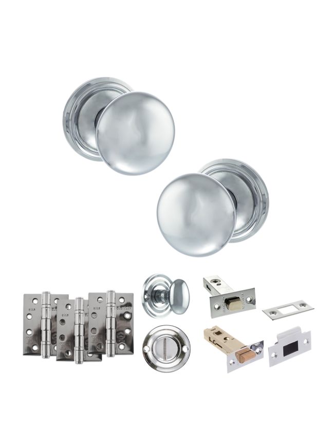 Old English Harrogate Door Knob Pack (Bathroom Set - 3" Deadbolt, 4" Fire Rated Hinges x3) - Polished Chrome