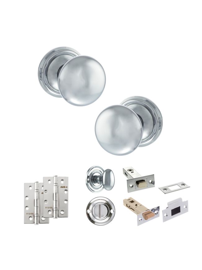 Old English Harrogate Door Knob Pack (Bathroom Set - 3" Deadbolt, 4" Slim Knuckle Hinges x2) - Polished Chrome