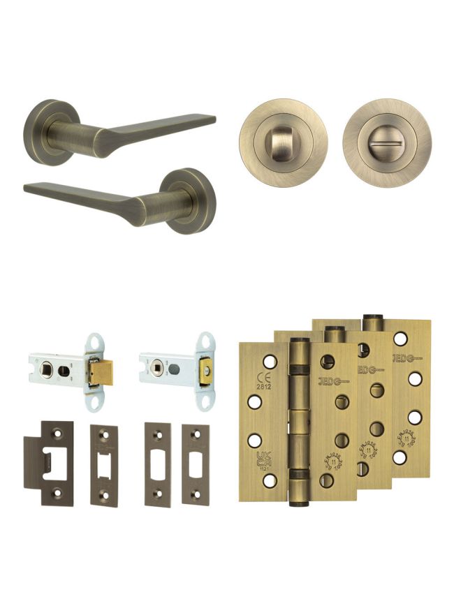 Complete Gio Door Handle Pack - Heavy Duty Tubular Bathroom (Standard Thumb Turn) - Antique Brass - 64mm / 4-inch Hinges - JE-E30A3-AB