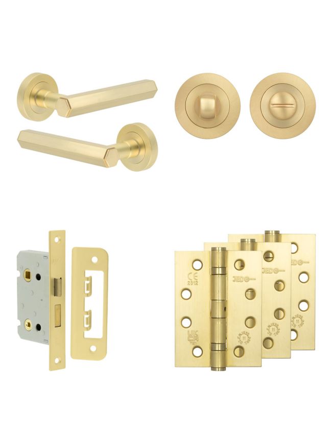 Complete Hex Door Handle Pack - Bathroom Lock (Standard Thumb Turn) - Satin Brass - 65mm / 4-inch Hinges - JE-C5A3-SB